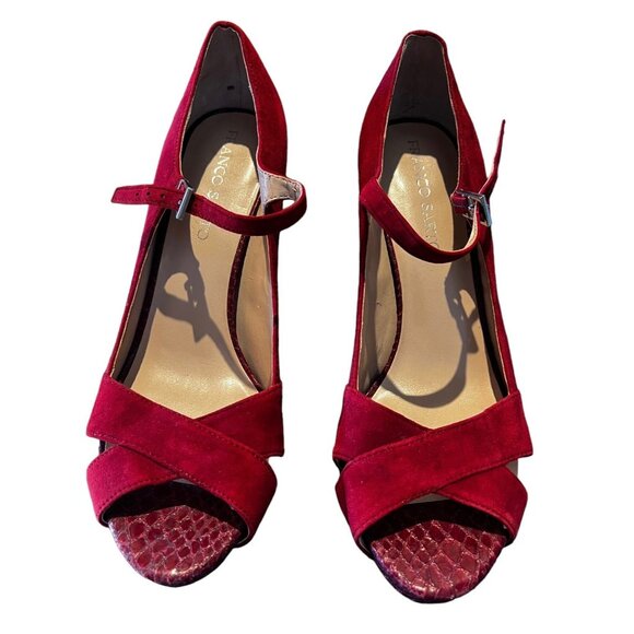 Franco Sarto Women’s Size 9.5 M Heels Maroon & Red Suede Snake Skin Peep Toe - Picture 1 of 11